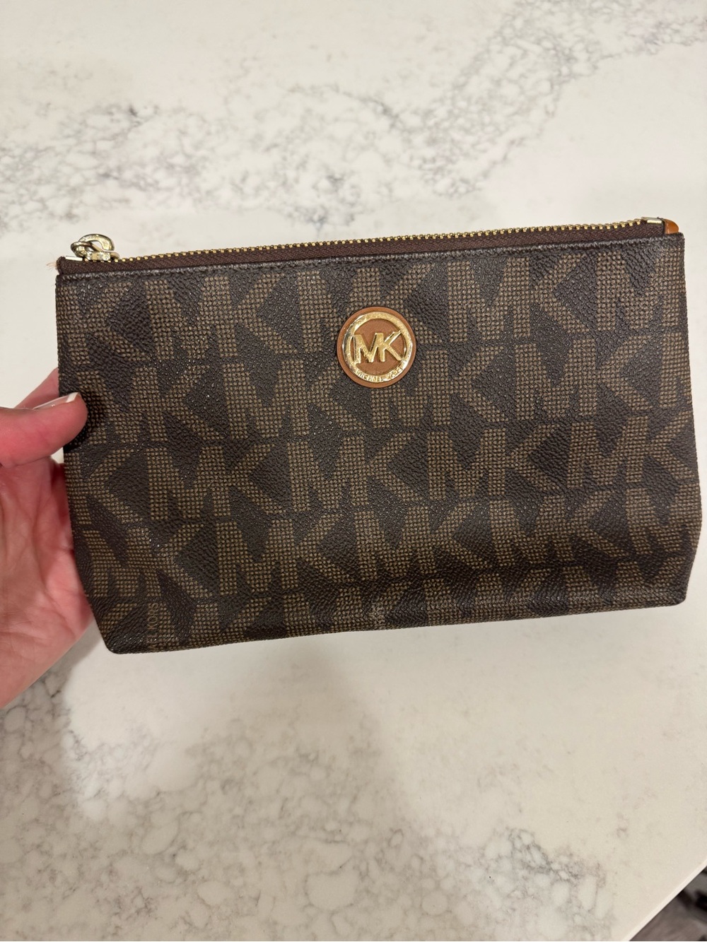 Michael Kors brown MK monogram zip pouch with gold-tone logo